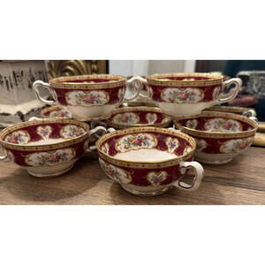 Elegant Set of 7 Royal Albert Lady Hamilton Double Handled Soup Coupes - HTF